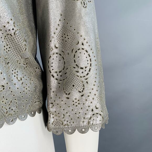 10 Silver Perforated Leather Peter Pan Collar Single Button Jacket Blazer - Picture 2 of 12